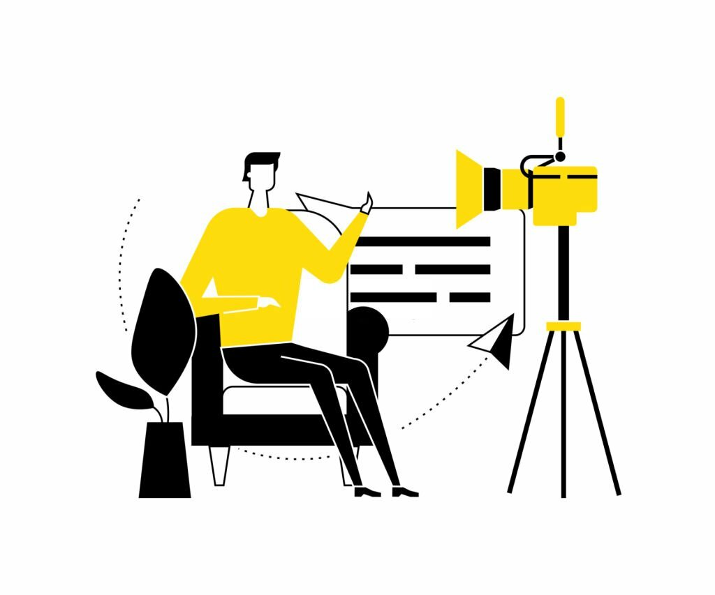 Video blogger - flat design style vector illustration. High quality black, white and yellow composition with a creative man streaming online in front of the camera, sitting on a chair, talking